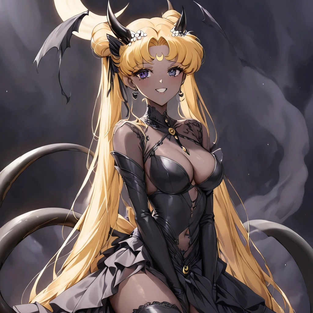 ((Highest quality)), ((masterpiece)), (detailed), (Perfect Face)、Black moon mark on forehead、The woman is the Dark Queen of the Black Moon of the Black Moon Clan, the Demon Queen Black Serenity, and the woman is the sexy, jet-black-skinned demon princess Serenity.、The woman is a jet-black female demon with magnificent devil horns, jet-black devil wings, and a jet-black tail. Her skin is jet-black, and she has a black inverted crescent moon mark on her forehead. She is a devil bride wearing a gorgeous black Gothic Victorian wedding dress and a black wedding veil. She is the jet-black demon Princess Serenity, and has blonde hair with a happy expression as she looks at the camera.2The expression of a girl in love with her long hair tied up、Woman is Black Serenity