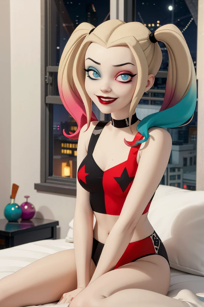 harleyquinn, blue eyes, eye shadow, blonde hair, twin tails, multicolored hair, pulling top off over head, looking at viewer, happy, smirk, sitting, on bed, inside cozy bedroom, window, night time, high quality, masterpiece, 