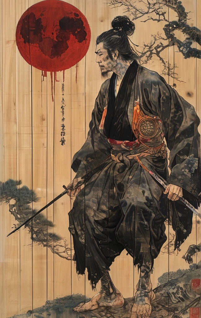 japanese line art , a samurai( tied up to a wooden steak with several arrows stuck in him,:1.2) lower body missing visible skeletal structure , ripped rags, rope and bloody ground, black skies and large moon , floral damask background , in the style of takato yamamoto ,
