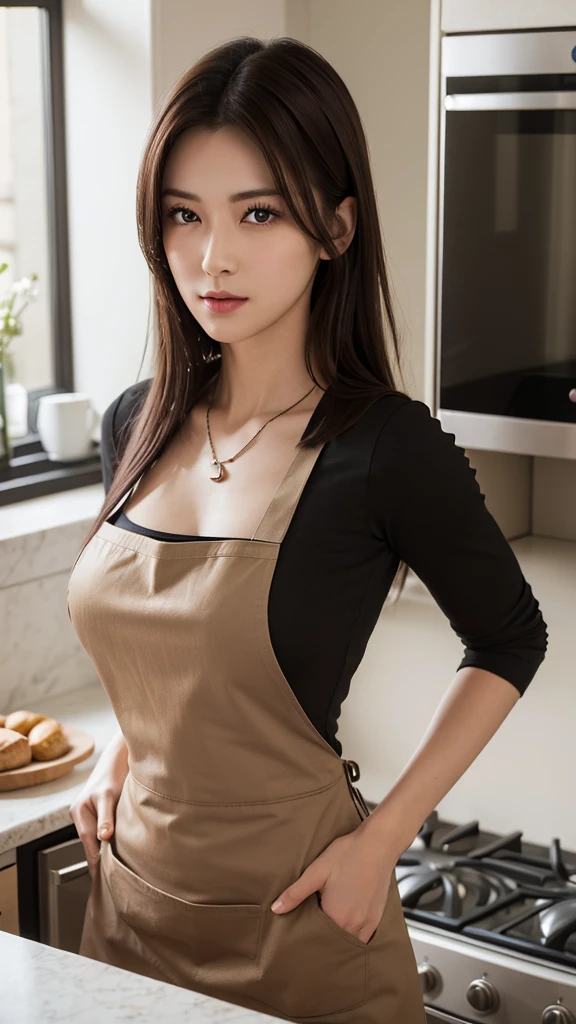 (Highest quality, 8K, masterpiece: 1.3), Beautiful woman with perfect figure: 1.2, Dark brown hair, Wearing a pendant, Wearing an apron, In the kitchen, Highly detailed face and skin, Fine grain, double eyelid, Big Breasts