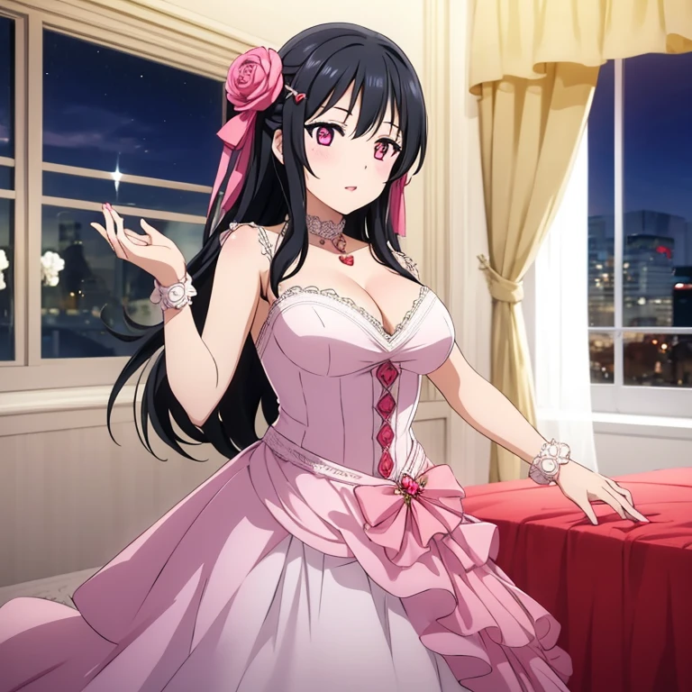 1girl, mature female, 30 years old female, large breasts, cleavage, white wedding dress, hair ornament, ball gown dress, long hair, black hair, pink eyes, red lips, bedroom, night,