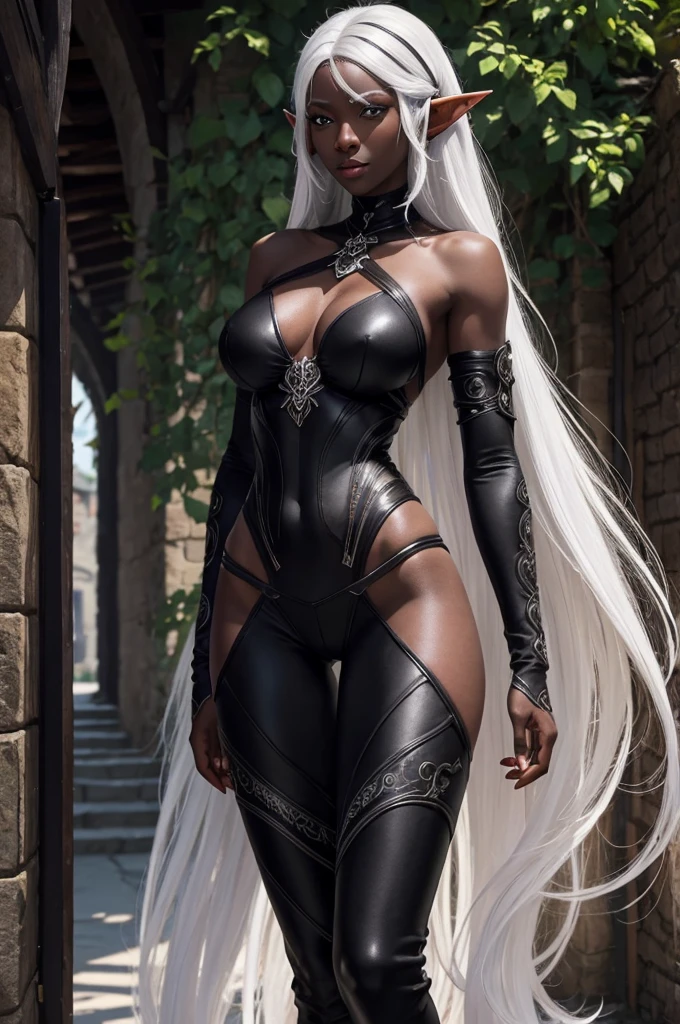 ((best quality)), ((masterpiece)),((detailed)), drow, dark elf, woman with white hair, red pupils, ((black skin)), focus on face, high detail face, high detail skin, eighteen years old, sexy, sensual, long legs, athletic body, well-toned body, skinny body, fullbody, large breasts, open neckline, sexy black armor, skinny thighs, medium hair, long eyelashes, elf ears, black colored skin, sunny medieval town