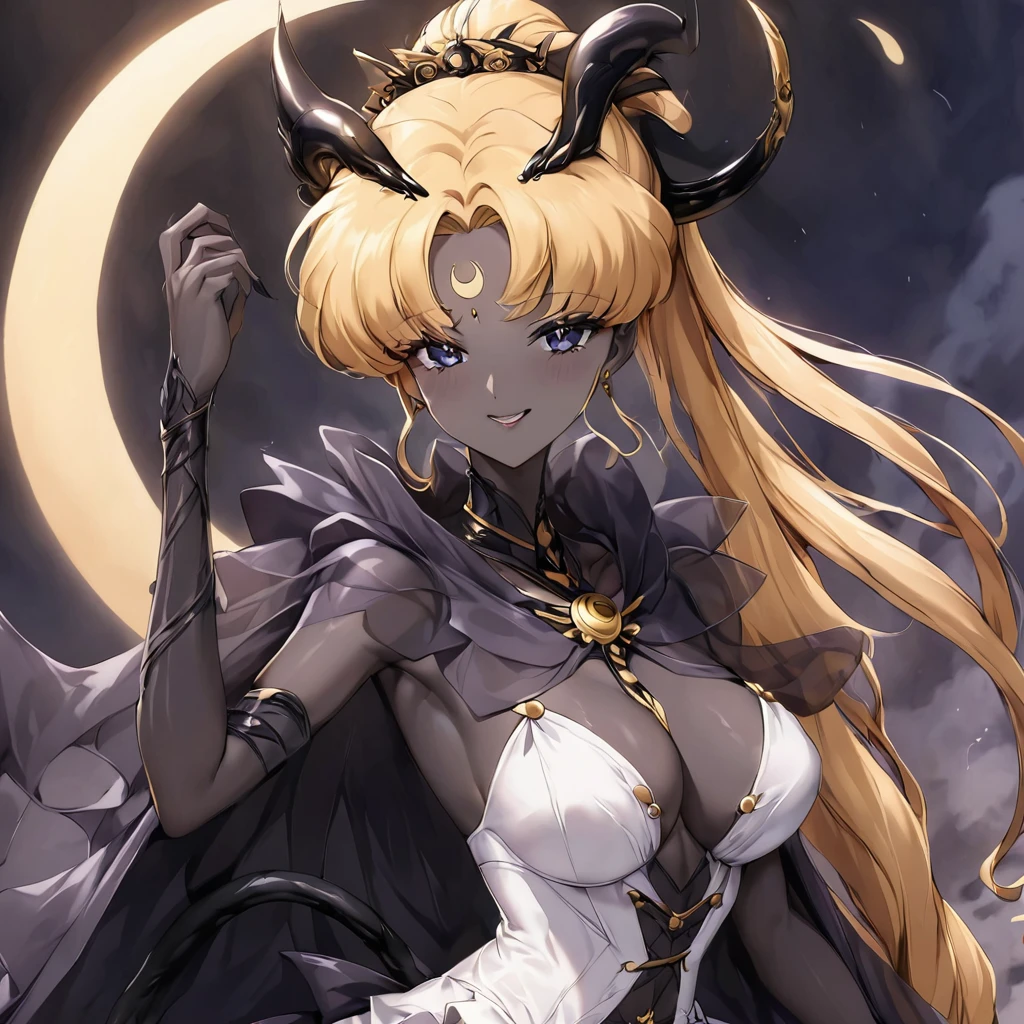 ((Highest quality)), ((masterpiece)), (detailed), （Perfect Face）、The woman is the Dark Queen of the Black Moon of the Black Moon Clan, the Demon Queen Black Serenity, and the woman is the sexy, jet-black-skinned demon princess Serenity.、The woman is a jet-black female demon with magnificent devil horns, jet-black devil wings, and a jet-black tail. Her skin is jet-black and she has a black inverted crescent moon mark on her forehead. She is a demon bride wearing a see-through Gothic Victorian wedding dress that shows off her gorgeous black skin, a black wedding veil, and a black see-through cape. She is the jet-black demon Princess Serenity, and has blonde hair that looks happy as she looks at the camera.２The expression of a girl in love with her long hair tied up、Woman is Black Serenity、Punishment pose on behalf of the moon