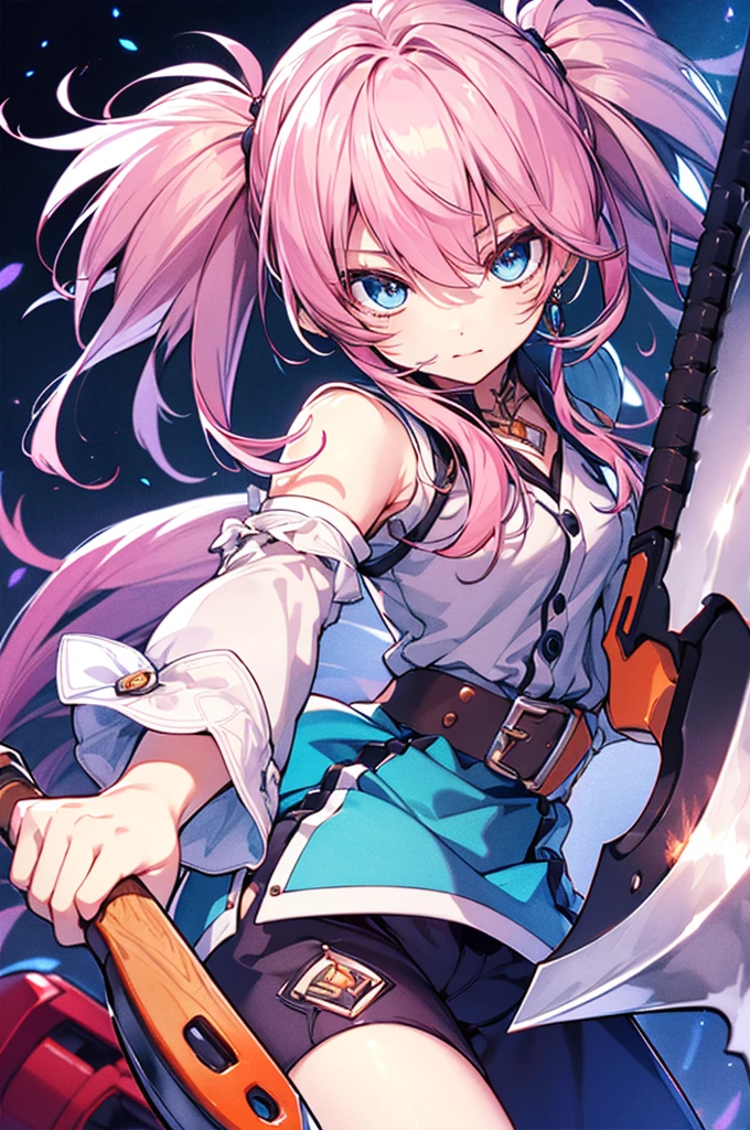 presea combatir,chibi,pink hair, blue eyes, twintails, jewelry, belt,(hold on Axe:1.3),large axe,masterpiece,Noise Reduction,perfect anatomy,high resolution, ultra-detailed,game cg,dutch angle ,beautiful detailed eyes,visualart,five fingers, perfect hands, perfect lighting,