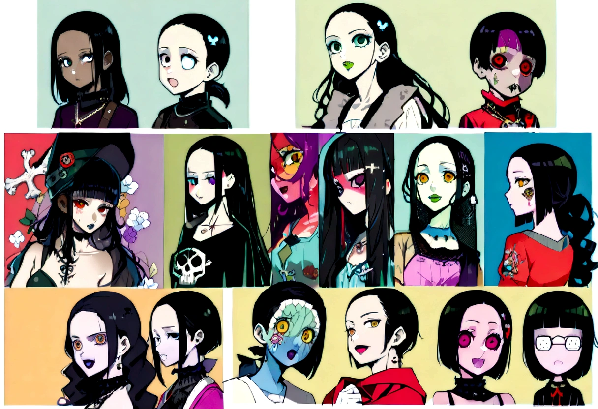 Red eyes、Black Hair、Black Feather、Gothic Punk、tears,anime zombie witch design, crossbones, skulls, street wear design, pro vector, Horror style, full design, 6 colors only, solid colors, no shadows, full design, sticker, bright colors, white background.super fine illustration,(((beautiful fine hair))),(((beautiful fine face))),(((beautiful fine background))),(((beautiful fine hair))),(((beautiful fine face))),(((beautiful fine background)))、Black Hair、blunt bangs