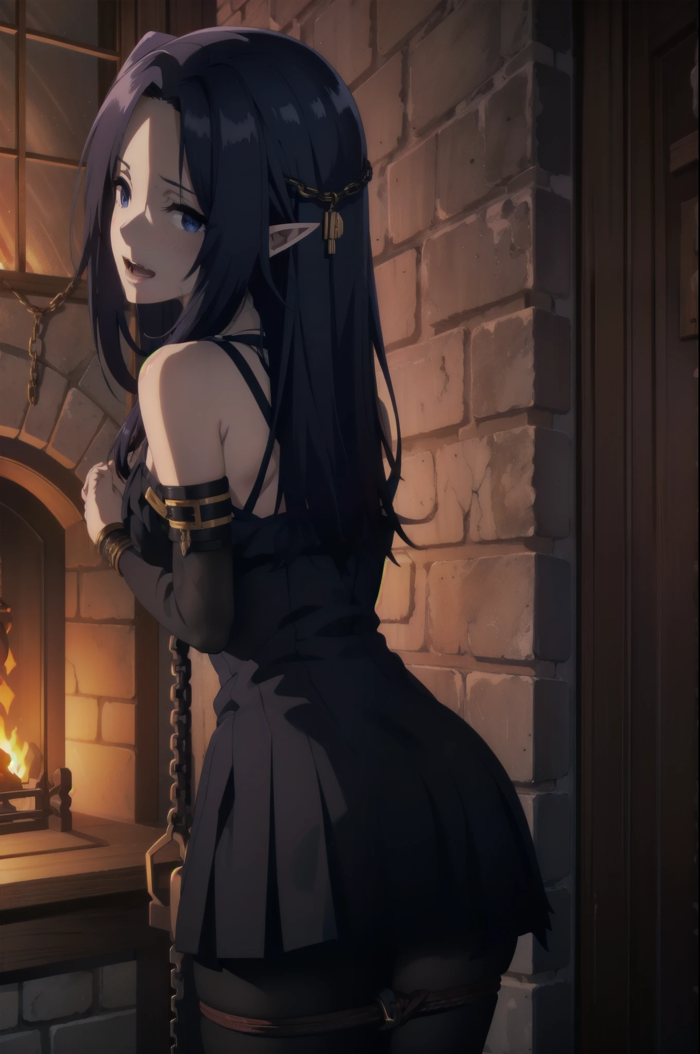 (chained shibari:1.2), submissive, hanged up, hands apart, hands up, perfect ass, arched back, ([lookback : look over shoulder : 15]:1.6), (dark shot:1.2), twintails, (intricate details:1.12), (intricate details, hyperdetailed:1.15), dungeon, (at night:1.2), fireplace, warm light, dramatic light, cinematic, (closeup:1.2), bondage, bdsm, bdsm dungeon, pervert, restraint, bound, tied up, restrained arms, restrained hands, fully restrained, restrained body, bound with chains, bound hands, open mouth, slight smile, blushing, himiko toga, bdsm outfit, vampire teeth, hardcore bdsm, slave, dark blue hair,,long hair,blue eyes,pointy ears,elf, 1girl, solo
