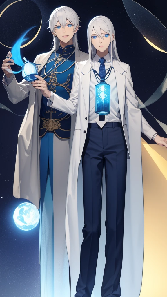 1 tall young man, silver hair, blue eyes, white skin, smile, long hair, floating in the air, short jacket, long trousers, holding a lantern, Chinese lantern, night, moon, blue lights, blue lantern, demonic lantern