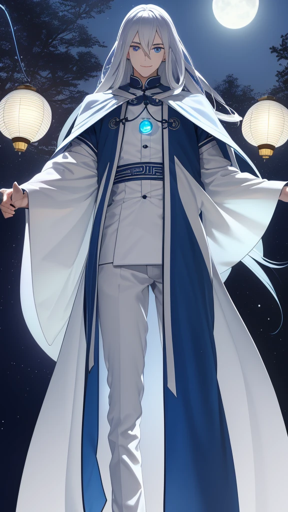 1 tall young man, silver hair, blue eyes, white skin, smile, long hair, floating in the air, short jacket, long trousers, holding a lantern, Chinese lantern, night, moon, blue lights, blue lantern, demonic lantern