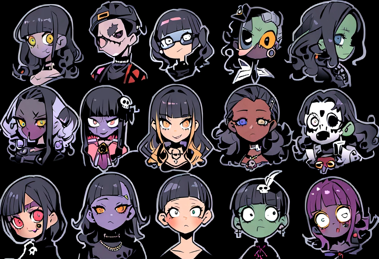 Black Hair、Black Feather、Gothic Punk、sit on a chair, cross one's legs、Throne、,anime zombie witch design, crossbones, skulls, street wear design, pro vector, Horror style, full design, 6 colors only, solid colors, no shadows, full design, sticker, bright colors, white background.super fine illustration,(((beautiful fine hair))),(((beautiful fine face))),(((beautiful fine background))),(((beautiful fine hair))),(((beautiful fine face))),(((beautiful fine background))),Midsummer、beachBlack Hair、blunt bangs、Cross-eyed