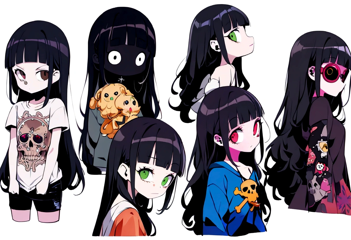 Black Hair、Black Feather、Gothic Punk、sit on a chair, cross one's legs、Throne、,anime zombie witch design, crossbones, skulls, street wear design, pro vector, Horror style, full design, 6 colors only, solid colors, no shadows, full design, sticker, bright colors, white background.super fine illustration,(((beautiful fine hair))),(((beautiful fine face))),(((beautiful fine background))),(((beautiful fine hair))),(((beautiful fine face))),(((beautiful fine background))),Midsummer、beachBlack Hair、blunt bangs、Cross-eyed