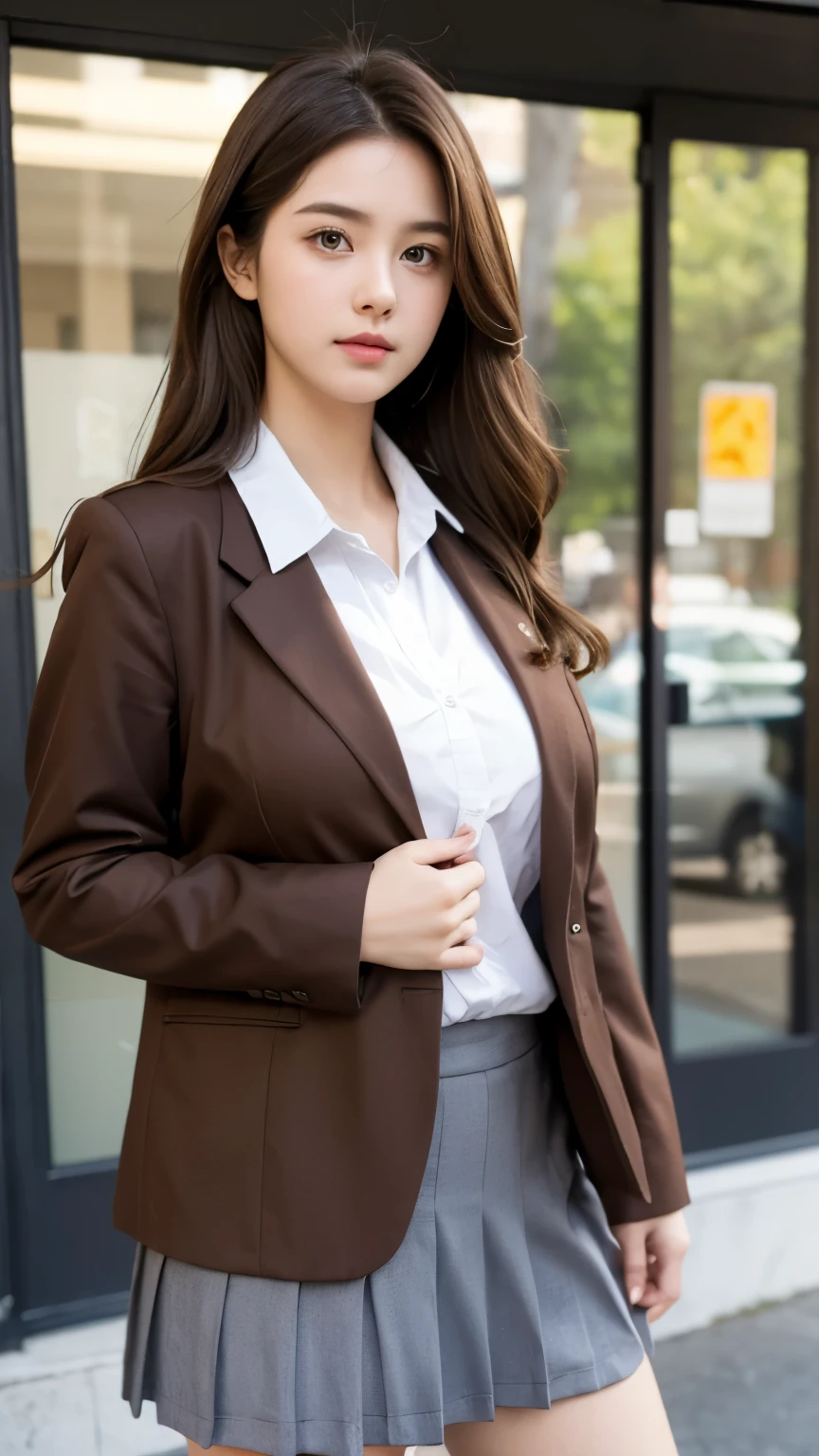 1girl,huge breast, brown hair, stand ,school clothes , high quality