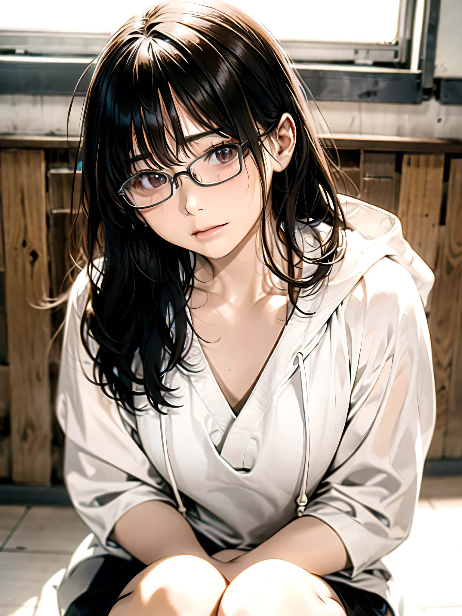There is a woman sitting cross-legged on the floor..., Wear glasses, Wear glasses on, Japanese Model, Wear glassesいた, a Surreal , Wearing square glasses, Without glasses, A real young gravure idol, Geeky look, Wear glassesいる, Young and sexy gravure idol, Surreal , Yoshitomo Nara, White hoodie, Read comics,