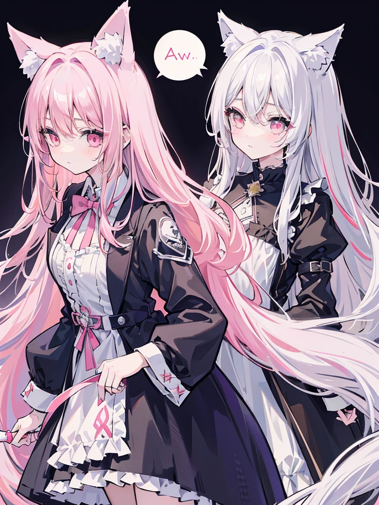 anime style,2people looks like 2girls,
1of2=cute shota with cat ears angel, long pink hair, angel ring, angel wings, white frilly dress,
///
2of2=cute shota with wolf ears fenrir, looks like a girl, long black hair, wolf tail, black frilly dress, gothic skirt,