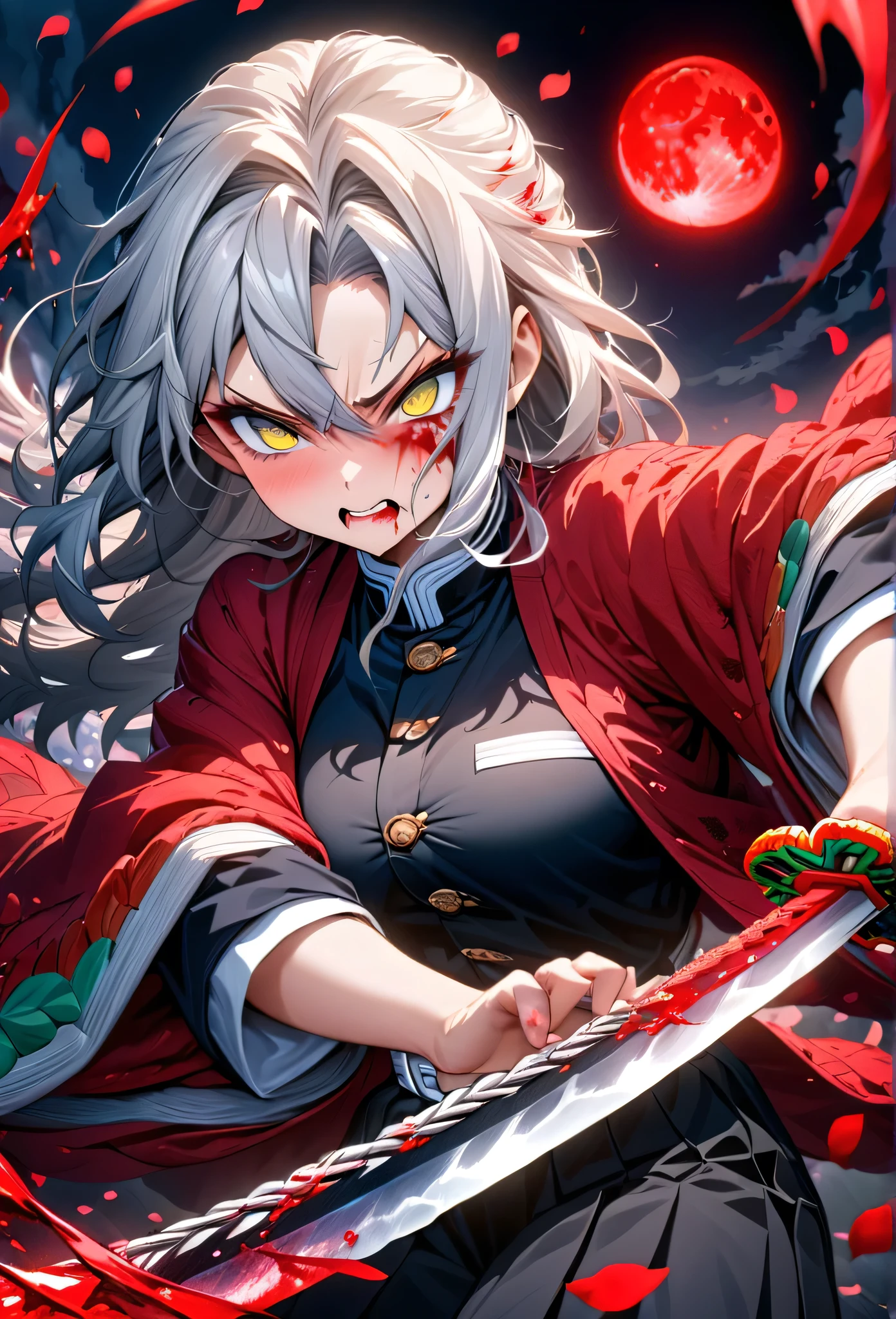 Ultra detailed, highres, absurdres, HDR, master piece, anime girl, pretty woman, white long hair with red streaks, expressive yellow eyes, red haori with patters of blood, black demon slayer uniform, Kimetsu No Yaiba, fantasy, petals, red flowers, pretty, woman grabbing a sword, solo, magic, shining red blood details, red moon, best quality, extremely detailed face and eyes, blood, grabbing a sword, fighting, feral face expression, red kami katana with gray tsuba