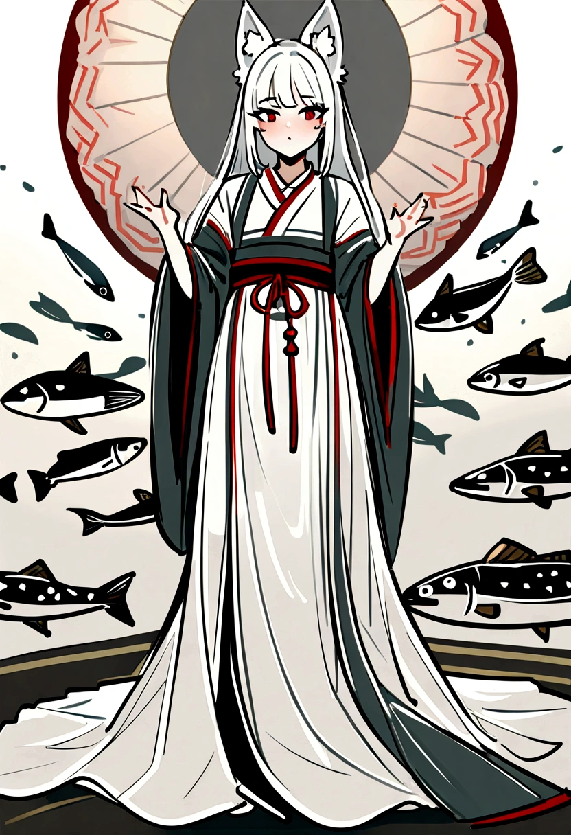 ((4K,masterpiece,best quality)), Bisim, Traditional Chinese ink painting, lotus, Hanfu, maxiskit, Dress conservatively 1 Boy, Solitary, White hair, Fox ears, White, fish, many fish near boy, Look at the audience, tease,Sister Shota,