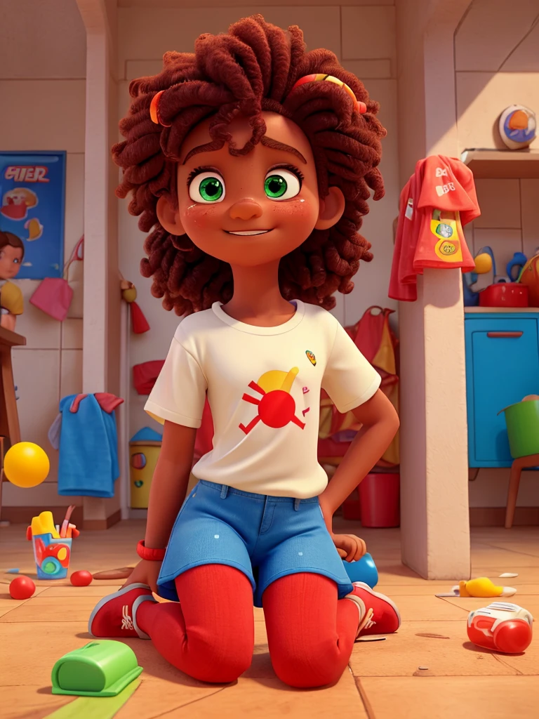 create a hyper-realistic style poster, 8K Ultra HD, Pixar, Disney style, Cinema 4D, the characters are 3 children and 1 clown, they are inside a Mcdonald store.
The first child is a 12-year-old white boy, green eyes, red hair, wearing a stained white t-shirt and blue shorts and flip-flops, his hands are covered in ketchup.
The second  is an 11-year-old black girl, she is wearing a blue dress stained with ketchup and looks scared.
The third  is a 10-year-old girl, blonde and wearing a pink blouse stained with ketchup and a green skirt and she is crying.
The clown is Ronald Mcdonald, he wears yellow pants, a white and red striped t-shirt and on top a red blouse with the Mcdonald symbol, and wearing red boots with yellow laces, he is lying on the floor passed out with his clothes on dirty with ketchup.