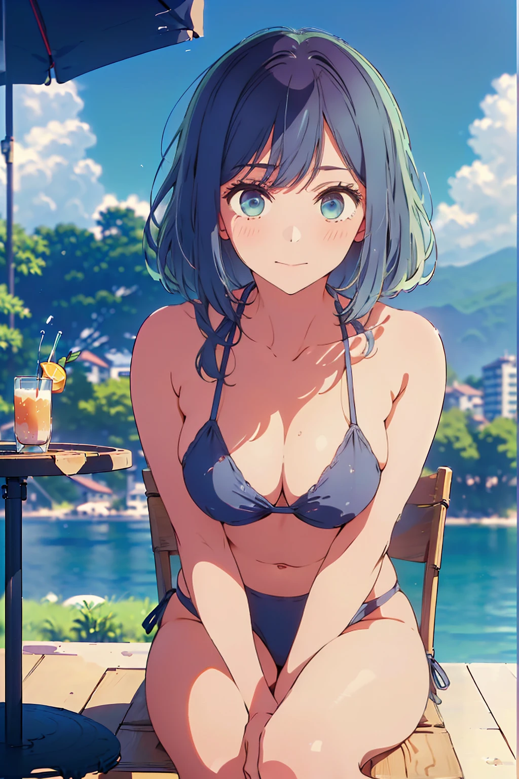 (Highest quality:1.4、masterpiece:1.4、Super detailed:1.4、8K:1.4)、F cup bust、Big Breasts、Slim body、((((1 person、Surprised expression、sit、Chair、In the background are the urban buildings of Tokyo、looking at the camera、Outdoor café terrace、coastal、Navy hair color、juice、Shooting up close、table、Very cute face))))、(Pose of putting hair behind ears with hands:1.4、Cheek resting on hand:1.4)、((nude、Areola、bikini size too small))、Seamless see-through top、Very blue sky、A completely cloudless sky、Big eyes、((((Shallow depth of field))))