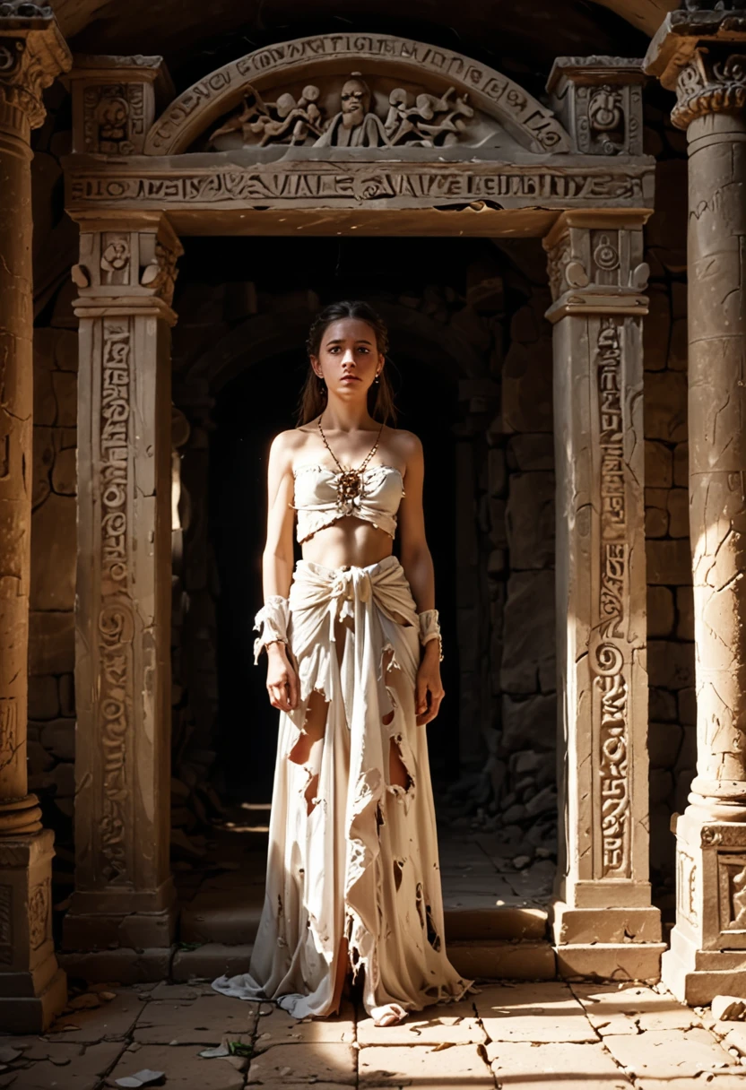 A desperate biblical-era young woman, approximately 25 years old, dressed in exquisite princess attire, now ragged and torn as she cries uncontrollably in the middle of an ancient temple. The soft sunlight casts a warm glow over her anguished face, highlighting the tears streaming down her face.
