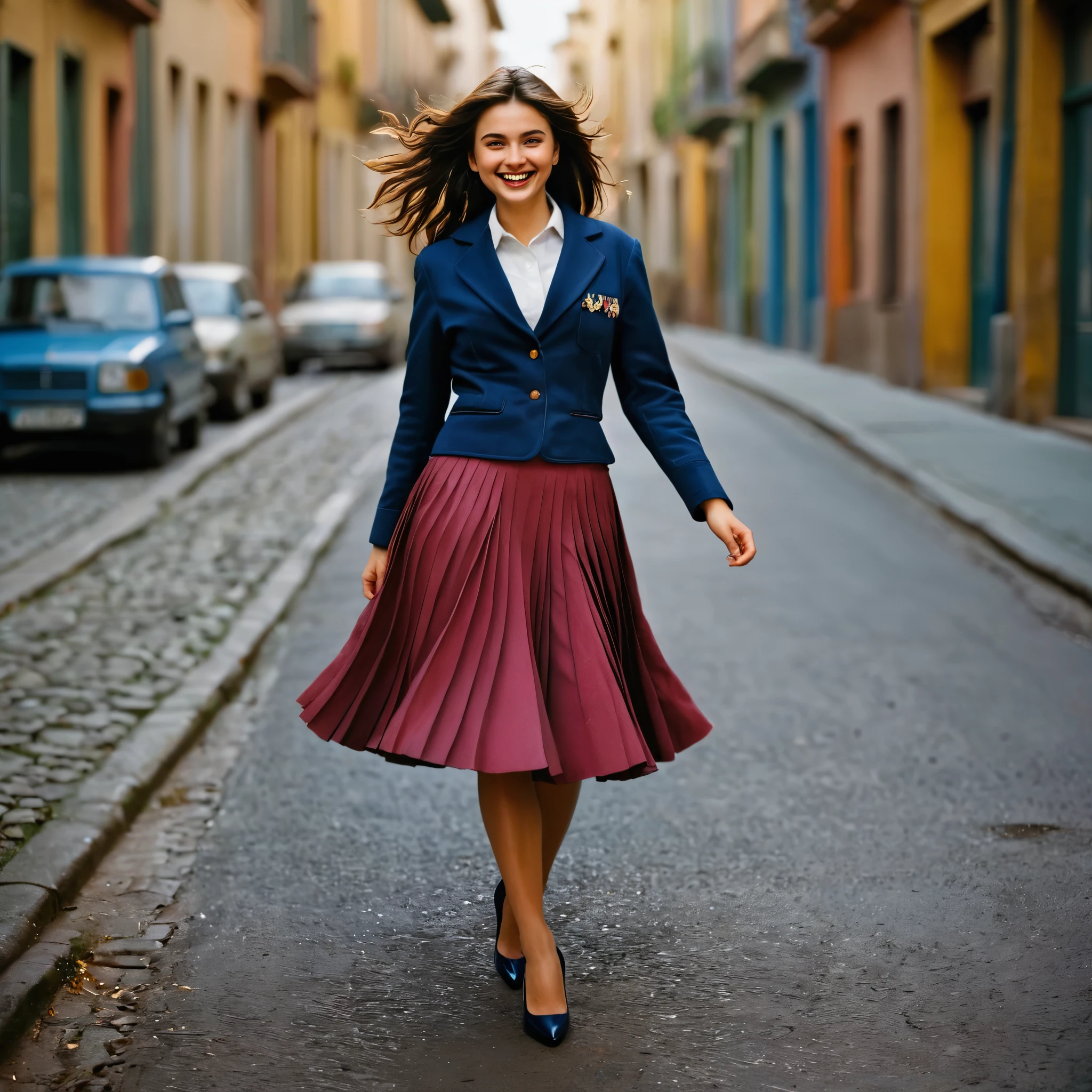A smiling, authentic, (shy:1,3), kind, beautiful woman, is passionately in love with her skirt, wind wildly lifts her skirt, wearing uniform jacket and very, very detailed (long (fully pleated) full circle skirt) and (low heeled court shoes), very, very intricate hyper-detailed symmetric (attractive graceful young feminine face) with (sad, tired eyes and a loving smile), very voluptuous breasts, full of empathy and compassion and love, (pronounced (feminine) features), (highly detailed ultra accurate realistic) hands and fingers, (windy), epic composition, highly detailed attributes, (35mm f1.4 Kodak portra 400 photograph), extremely high quality RAW photograph, highly detailed atmosphere, sci-fi, cinematic shot, dynamic lighting, 75mm, Technicolor, Panavision, cinemascope, sharp focus, fine details, 8k, HDR, realism, realistic, key visual, film still, superb cinematic color grading, depth of field