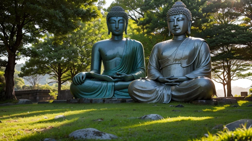 Big Buddha statue in the distance, Stone,mossy atmosphere, high goals, majestic, Sunlight background，pilgrims on the road,Sunset，Alien science fiction style