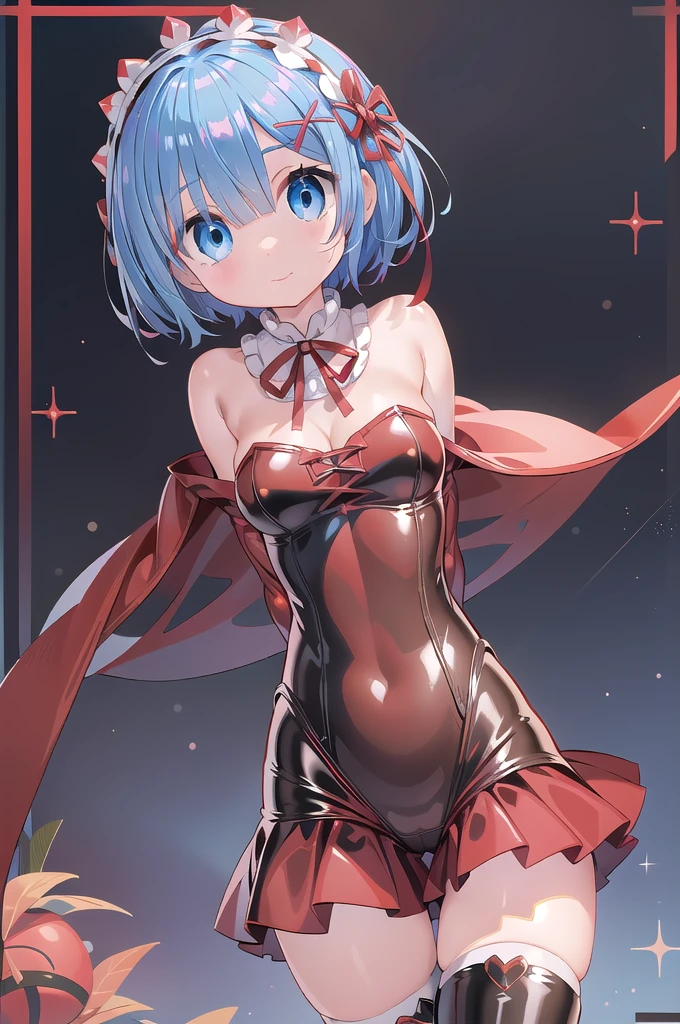1girl,solo,(red santa claus costume:1.6),cowboy shot,(standard height),standing,(blue hair:1.2),(short hair:1.2),x hair ornament,hair ribbon, hair over one eye,(blue eyes:1.2)(beautiful fingers:1.2),(perfect anatomy:1.4),(arms_behind_back:1.6),(cold_shoulder:1.2),(red leotard:1.2),(shiny_clothes:1.6),medium breasts,(masterpiece),best quality,(Ultra high definition eyes:1.2),8k,(Beautiful detailed eyes:1.2),(Fine and beautiful eyes:1.2),(pretty eyes:1.2),finely detail,extremely CG, absurdres,high resolution,illustration,Detailed and beautiful outlines,finely detail,high resolution,(colorful refraction:1.4,Increase saturation:1.2),beautiful lighting,dynamic lighting,closed room,black background,simple background, smile,looking at viewer,aarem, maid headdress, neck ribbon, cleavage,(red thigh boots:1.2),(latex luster shiny glossy:1.4)