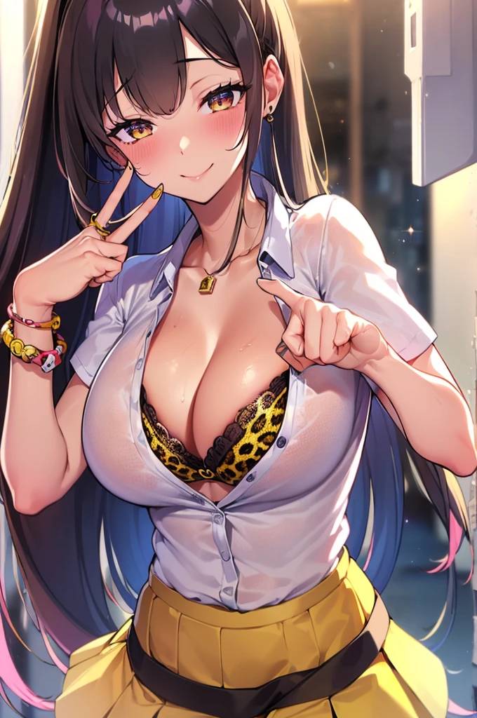 {masterpiece, distinct_image, extremely detailed CG, beautiful eyes and detailed face,realistic, photo realistic, 4k, 8k, high_resolution,perfect_finger, (beautiful_detailed_eyes:1.3), glitter, yellow_light, (glow_yellow_face, front_light:1.3), summer_light{1girl, face_focus,cowboy_shot, looking for_in_viewer, front_view, standing, hand_on_own_cheek, (piece sign pose:1.6) },{adult, (huge_breasts, wide_hip:1.3), navel, skinny_stomach,tight_gap, groin, (white_short_sleeve_button_shirt, very short_black_knife_pleated_skirt, school_uniform, cleavage:1.5), (hidden_yellow_leopard_print_bra_on_a_white short_sleeve_button shirt:1.8), (tanning_skin, black_skin:1.6), (pink_nails, gold earrings, black neck choke, white collar, multiple colored bracelets:1.5),(yellow_hair, pink_eyes, long_hair, side_ponytail, slanted_eyes, bangs:1.5), (smiling face:1.3), sweat, white background}