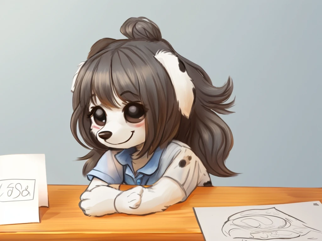 a anthropomorphic, black spots and white fur female dog, she has medium-long dark hair, she's dressed with a blue colored shirt, closed smile, chibi style, high quality furry art.