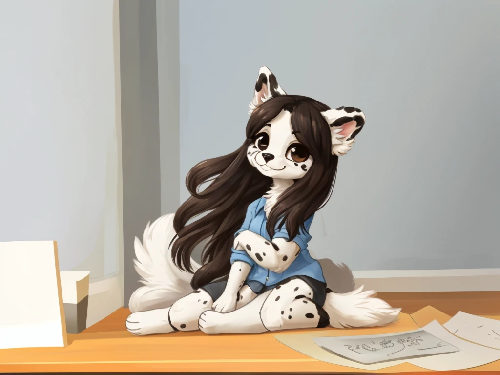 a anthropomorphic, black spots and white fur female dog, she has medium-long dark hair, she's dressed with a blue colored shirt, closed smile, chibi style, high quality furry art.