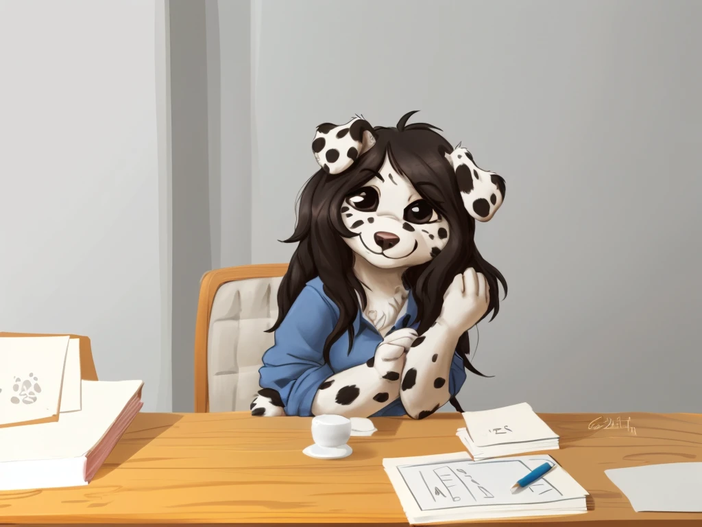 a anthropomorphic, black spots and white fur female dog, she has medium-long dark hair, she's dressed with a blue colored shirt, closed smile, chibi style, high quality furry art.