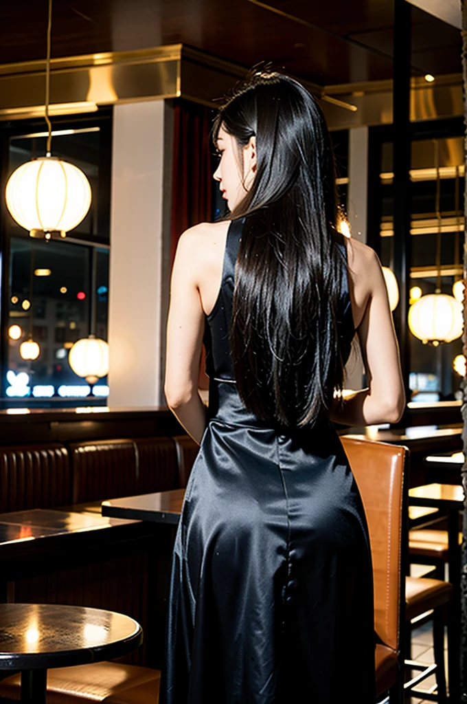 1girl,standing we can see her just from the back ,we can see hai pretty long hair,in a night mood restaurant