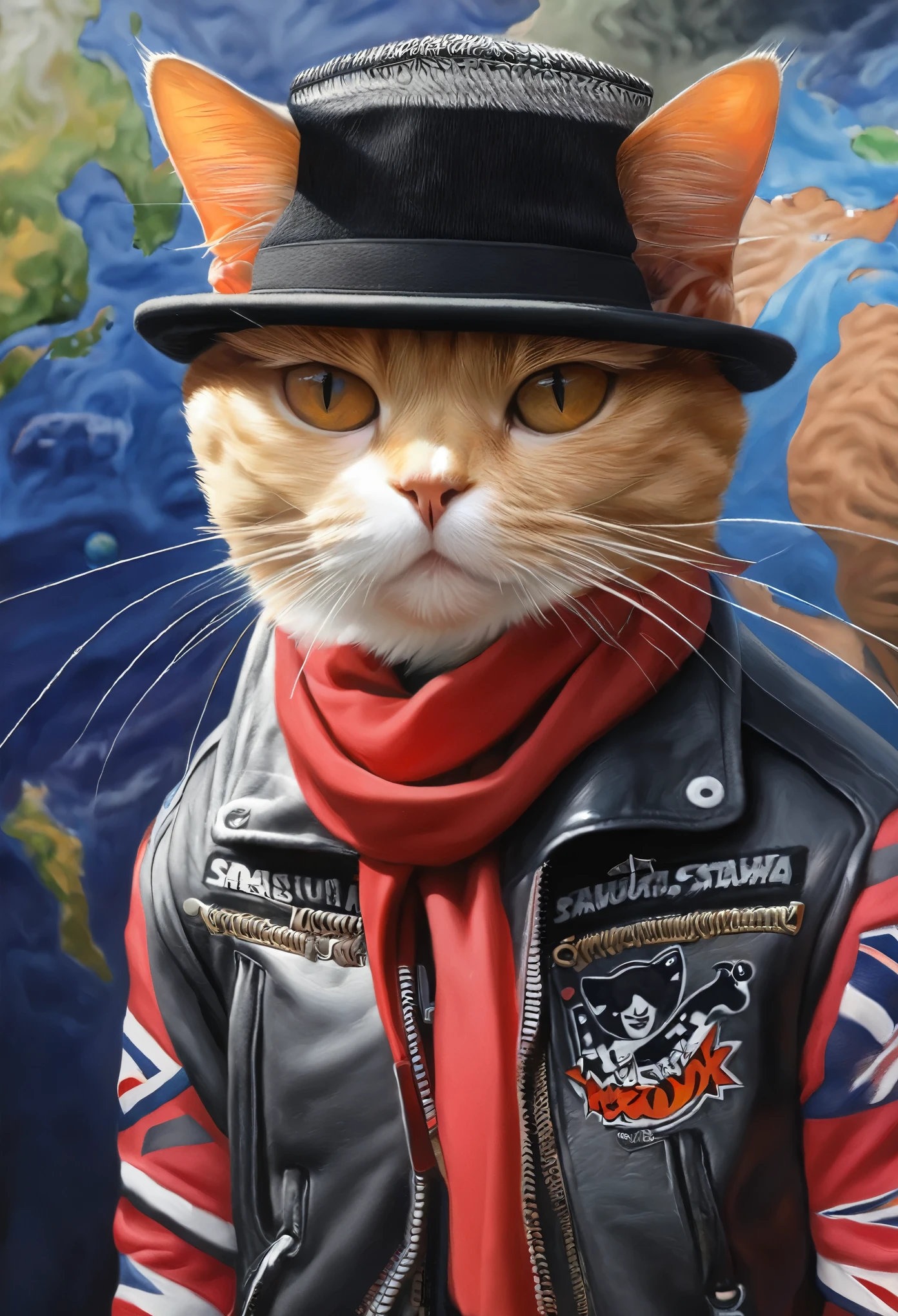 a painting of a cat wearing a hat and scarf, trending in the art station, dressed in punk clothes, detailed hyper realistic rendering, british gang member, street style, intimidating pose, planet of the cats, clothes with fashion, urban samurai, meow, west slavic features, 8 1 5