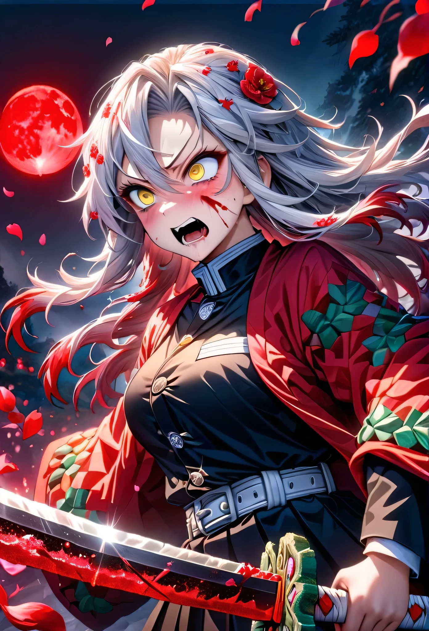 Ultra detailed, highres, absurdres, HDR, master piece, anime girl, pretty woman, white long hair with red streaks, expressive yellow eyes, red haori with patters of blood, black demon slayer uniform, Kimetsu No Yaiba, fantasy, petals, red flowers, pretty, woman grabbing a sword, solo, magic, shining red blood details, red moon, best quality, extremely detailed face and eyes, blood, grabbing a sword, fighting, feral face expression