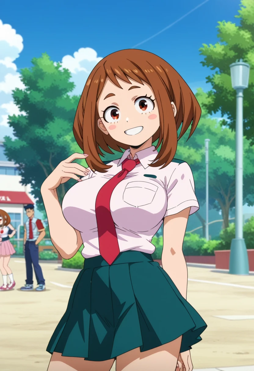 score_6_up, best quality, anime screencap, 1girl, ochako uraraka, skirt, shirt, red tie, standing, outdoor, big breasts, smile, from front, looking at viewer