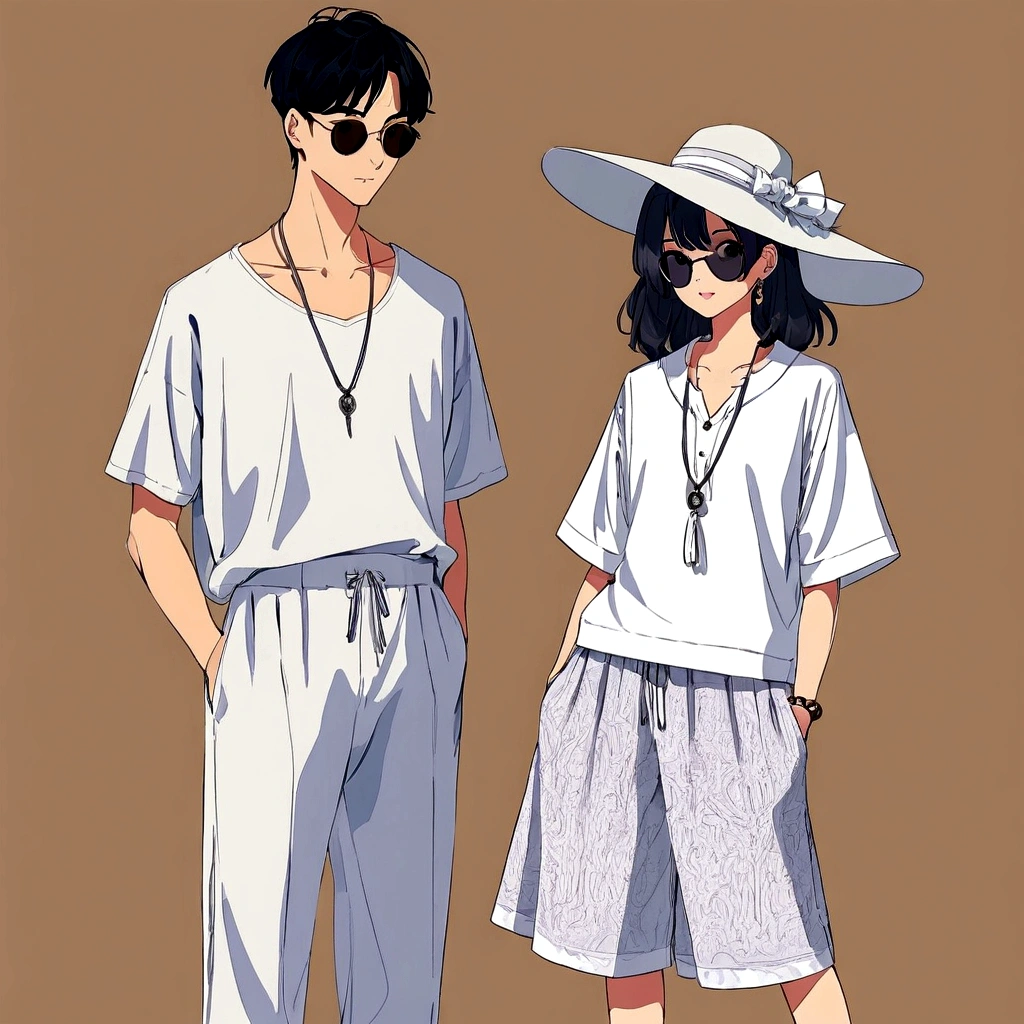 candid fashion illustration of young Asian man and woman, both aged 20 year old, ((showcase fashion in a White cotton-rayon outfits)), inspired by JACQUARD 's resort collection in elegant bohemian style. The man wears an oversized short-sleeved white shirt, paired with relaxed-fit white Drawstring short Pants, He completes his look with sneakers, wooden-framed sunglasses, and a woven bracelet. The woman complements him in a white rayon dress with Drawstring and ruffle ruffle skirt details, Her ensemble includes an accessorizes with a wide-brimmed straw hat, white sneakers and necklace. Captured in a ((full-body pose)), ((paper material background)), realistic charcoal lines, imperfect drawing, charcoal lines, fading sketch, fashion look book, sketch design,