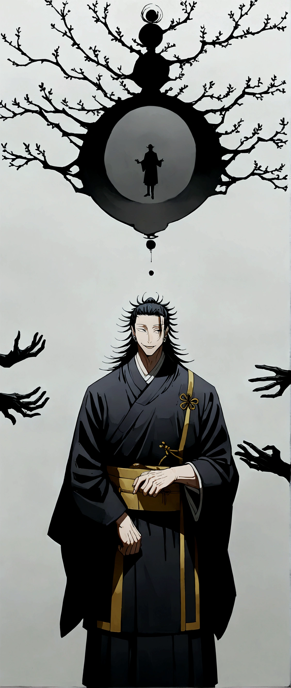 1 boy, Men'center, Suguru Gero,Jujutsu Kaisen, kimono, full height, A cunning face, inside the world, shadow game