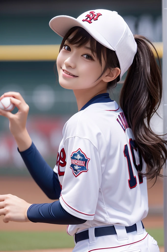 masterpiece、Highest quality、Very detailed、An illustration、Beautiful details、One Girl、cute、Detailed landscape、Library Background、Beautiful Hairstyles、Perfect Anatomy:1.4,4K resolution,((Baseball uniform)),Smiling,(Ultra-realistic), (最高のAn illustration), (Increase the resolution), (8K), (masterpiece), 1 girl, ((The front hair is up)), Slender body, (Slender girl),(Slim girl),Virtual Girl Lynn,Turning back and facing away,Wearing a baseball hat