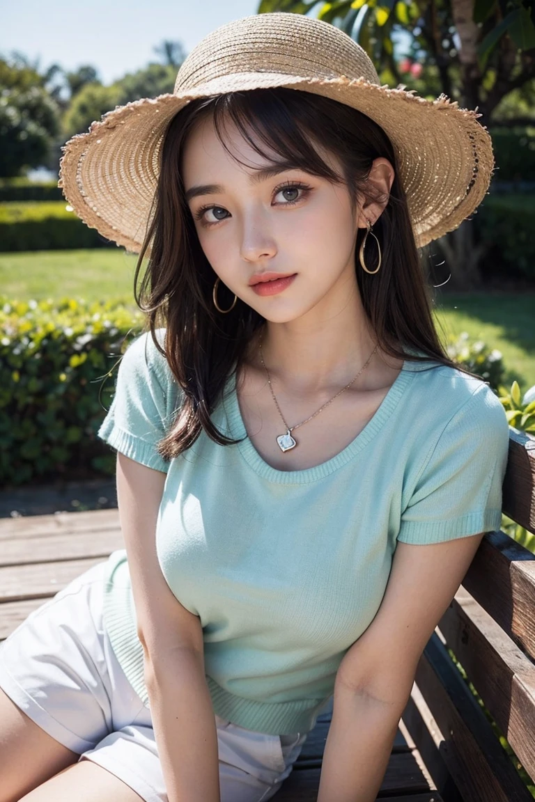 Top-quality Realistic,Official art,Highly detailed CG Unity 8k wallpaper,ultra-detailliert,hight resolution,Physically-based rendering,Magnificat,finely detail,masterpiece,Best Quality,ultra detailed, Face Light,Mature beauty,Beautiful girl,1girl,moist lips,sexy lips,Sexy smile,Gentle smile, 20 years old, Beautiful bare skin,Smooth bare skin,(Beautiful and radiant skin), big well-shaped breasts, beautiful cleavage,beautiful Mature body,swept bangs,(Medium hair:1.3), beautiful detailed eyes,model shoot style,Japanese Idol, Half-body,(In the Pineapple Garden:1.2),(Hands on chest:1.3),((Sitting on the bench seat)),BREAK,nsfw,(light green Pullover round neck short sleeve shirt:1.3)), (White chinos:1.3),BREAK,(Boater hat),(Heart shaped necklace),(Triangle ornament earrings),BREAK, (gentle smile like a goddess),looking at viewer,shoot from below,(Extreme close-up),from the front,