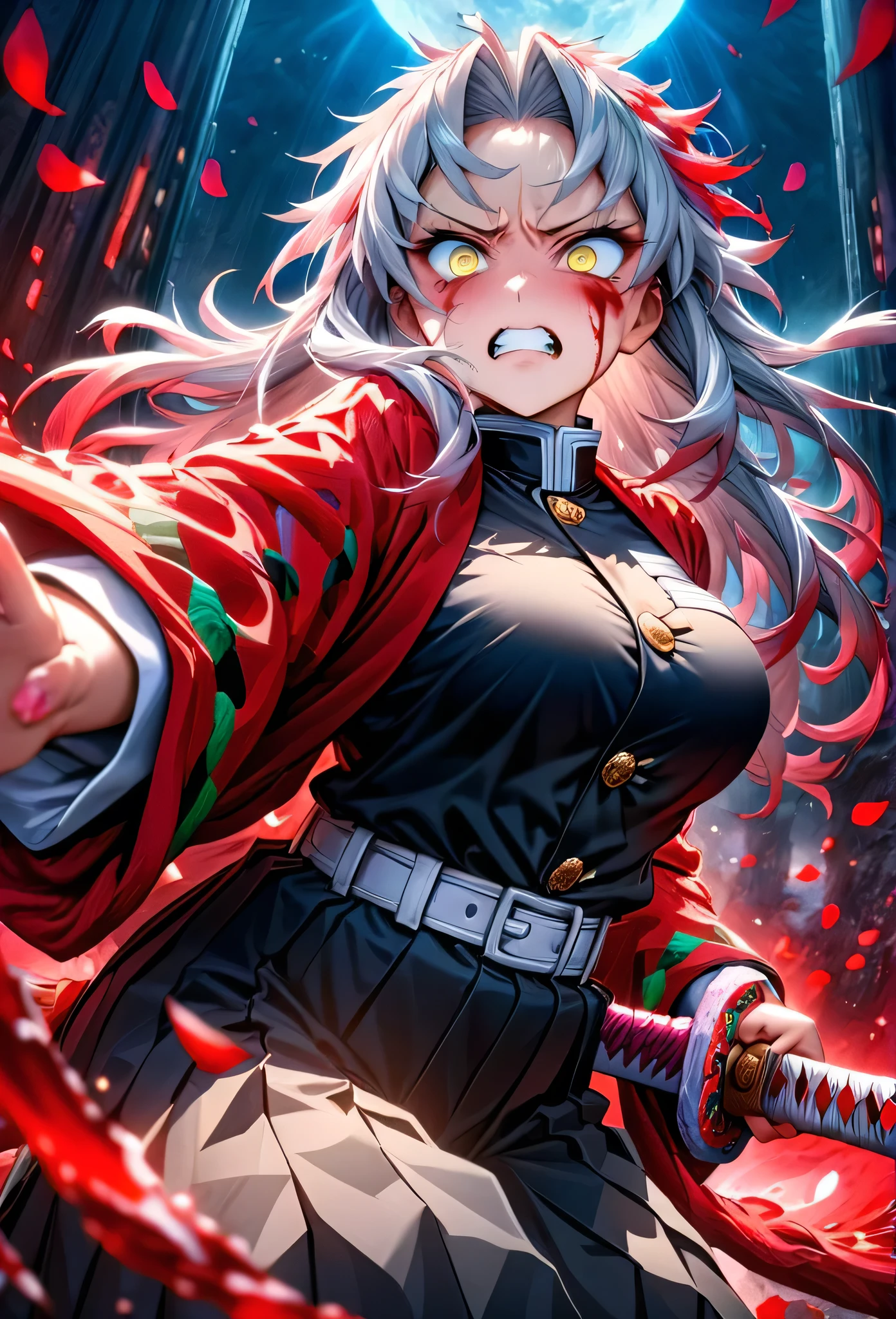 Ultra detailed, highres, absurdres, HDR, master piece, anime girl, pretty woman, white long hair with red streaks, expressive yellow eyes, red haori with patters of blood, black demon slayer uniform, Kimetsu No Yaiba, fantasy, petals, red flowers, pretty, woman grabbing a sword, solo, magic, shining red blood details, red moon, best quality, extremely detailed face and eyes, blood, grabbing a sword, fighting, feral face expression
