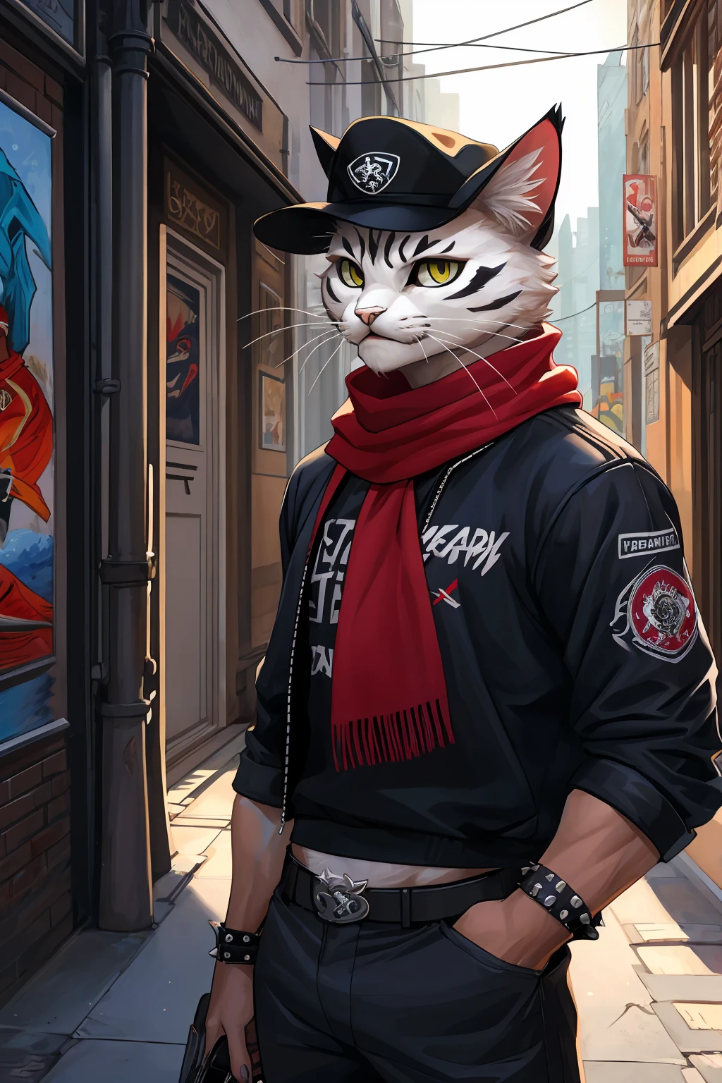 a painting of a cat wearing a hat and scarf, trending in the art station, dressed in punk clothes, detailed hyper realistic rendering, british gang member, street style, intimidating pose, planet of the cats, clothes with fashion, urban samurai, meow, west slavic features, 8 1 5