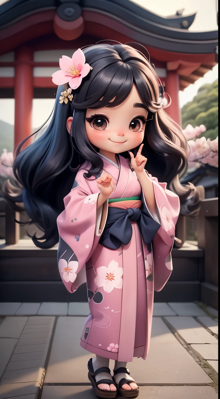 Create a loli baby chibi version of the Alice character in an 8K resolution. A girl with long black hair is wearing a kimono with a cherry blossom pattern and standing in front of Kiyomizu-dera Temple, wearing a cherry blossom hair accessory, It's sunny, Detailed eyes, clear outlines, kawaii pose, A smile, Raise your right hand, Eye Up, Laugh, radiant light, Taken from the side. She should look adorable and cute. Give him a smiling expression and a sweet smile on his face, capturing the essence of the character in a delicate and charming way.
