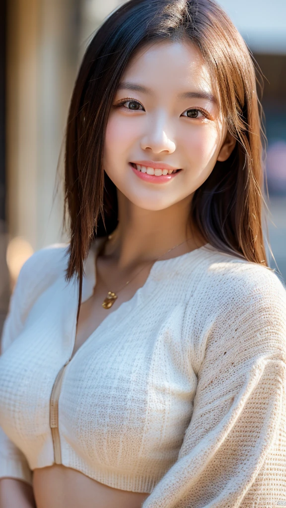 (original character、unity 16k wallpaper, masterpiece, Highest quality, Ultra-detailed, Extremely detailed CG, Caustics, Cinema Lighting, detailed, Beautiful detailed Eyes, alone), Ultra-high resolution, Fine skin, (compensate,eyeliner,eye shadow:1.1,Sunburned skin,mascara,curve:1.2,On the chest:1.2,Mega Big Tits), (Strong light)、Oily skin,City,smile, Light Hair Color, Casual clothing,Vivid, from the front:1.2、Gal