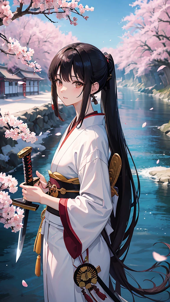 anime,35Year-old beauty、 alone, Long Hair, Black Hair, ponytail、Dark brown eyes, model, beautiful, Dcup, Fantasy, cherry blossoms、White kimono、(Japanese sword:1.4), Riverside、beautiful風景