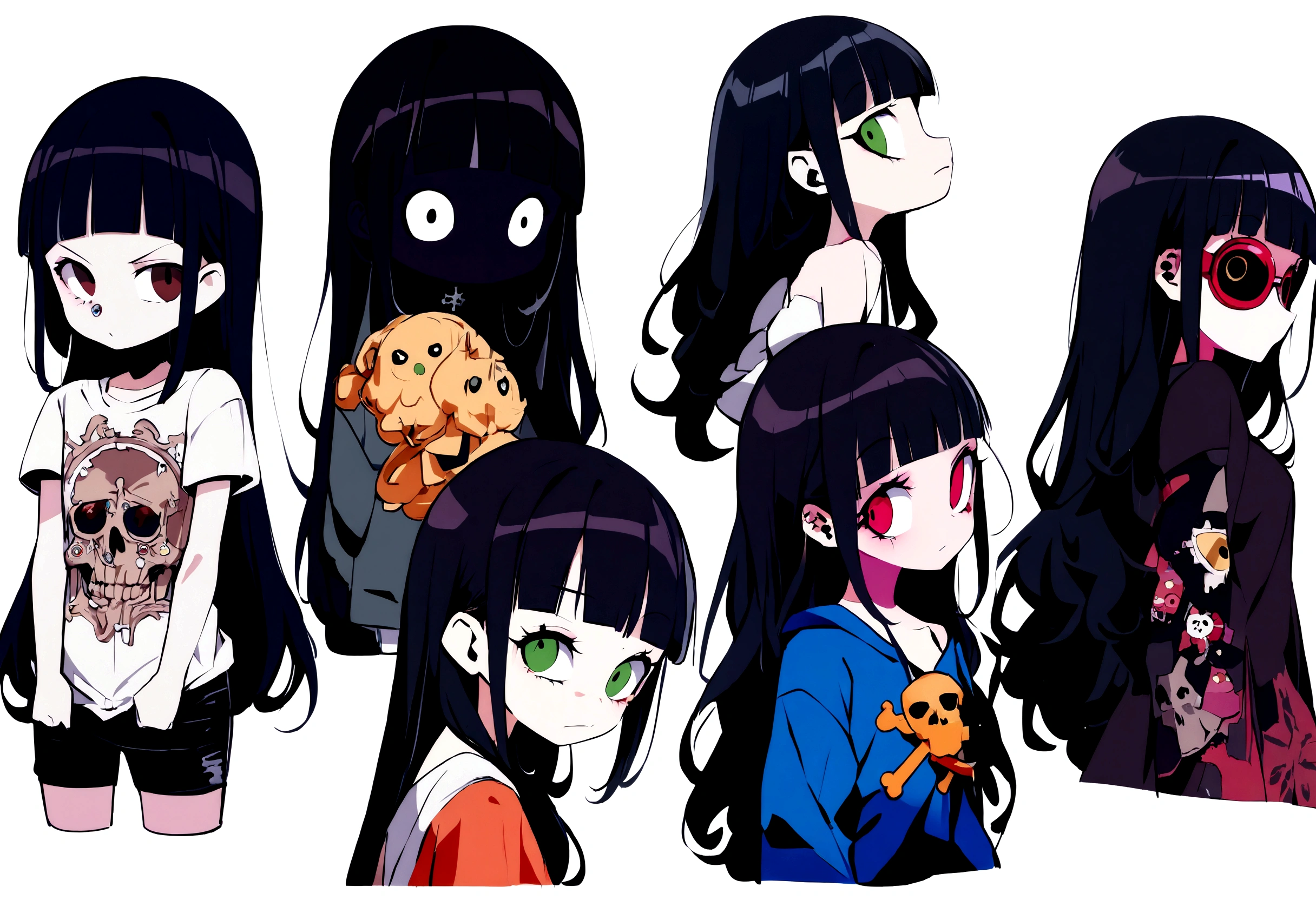 Black Hair、Black Feather、Gothic Punk、sit on a chair, cross one's legs、Throne、,anime zombie witch design, crossbones, skulls, street wear design, pro vector, Horror style, full design, 6 colors only, solid colors, no shadows, full design, sticker, bright colors, white background.super fine illustration,(((beautiful fine hair))),(((beautiful fine face))),(((beautiful fine background))),(((beautiful fine hair))),(((beautiful fine face))),(((beautiful fine background))),Midsummer、beachBlack Hair、blunt bangs、Cross-eyed