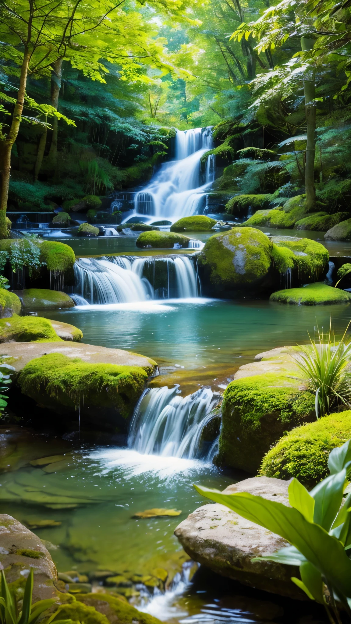 Here is a prompt in English to create an image suitable for water sound therapy:
---
Create a serene and calming image for water sound therapy. The scene should feature a tranquil flowing stream surrounded by lush greenery, with sunlight filtering through the trees. The water should be clear and gently rippling, creating a soothing and peaceful atmosphere. Incorporate elements like smooth stones, small waterfalls, and vibrant plants to enhance the natural beauty and relaxation of the scene. The overall mood should be tranquil, calming, and inviting, ideal for promoting relaxation and stress relief through water sound therapy.
---
Feel free to adjust the details to better fit your needs!