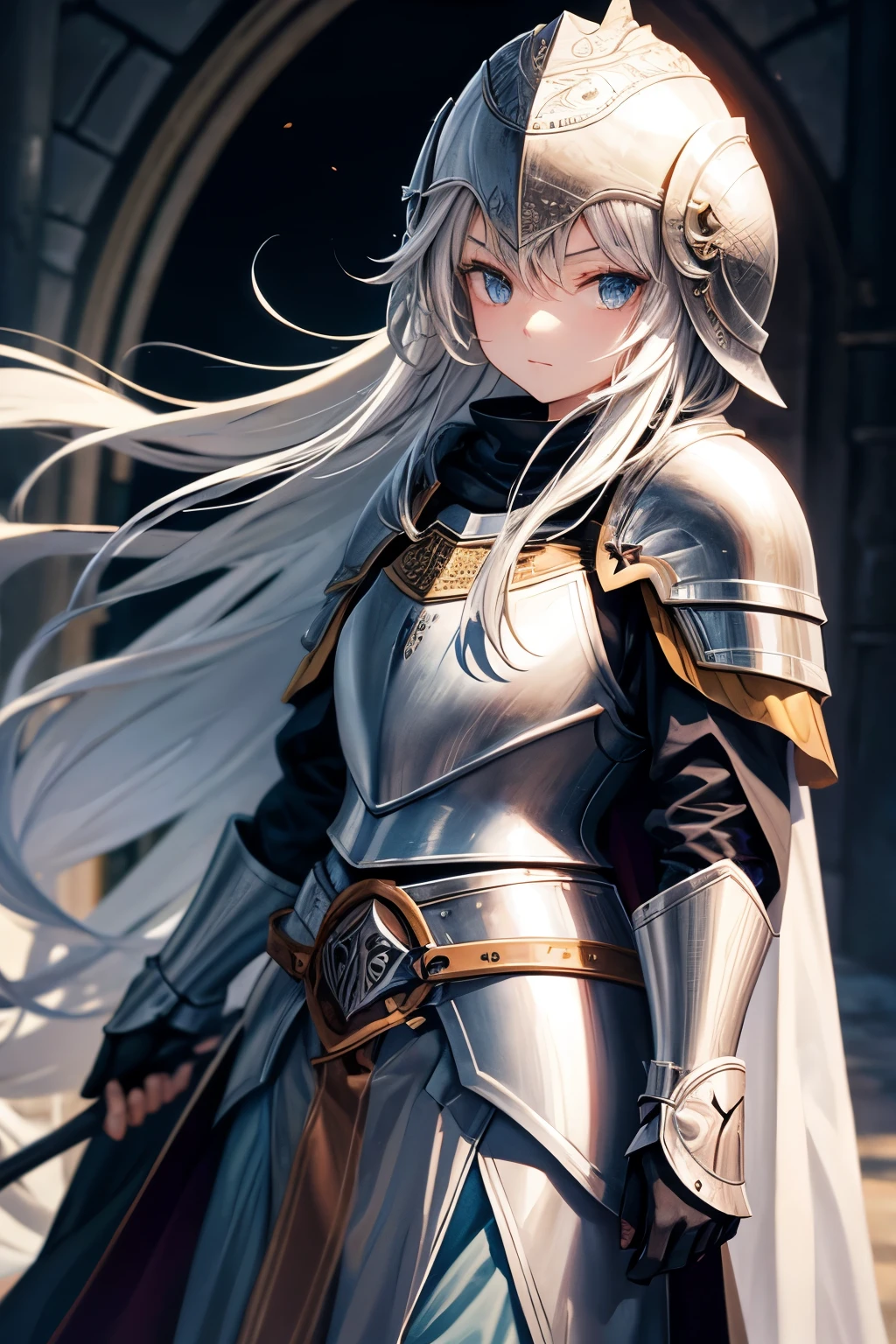 long hair,Girl,Knight armor,knight helmet,Cloak,Expressionless