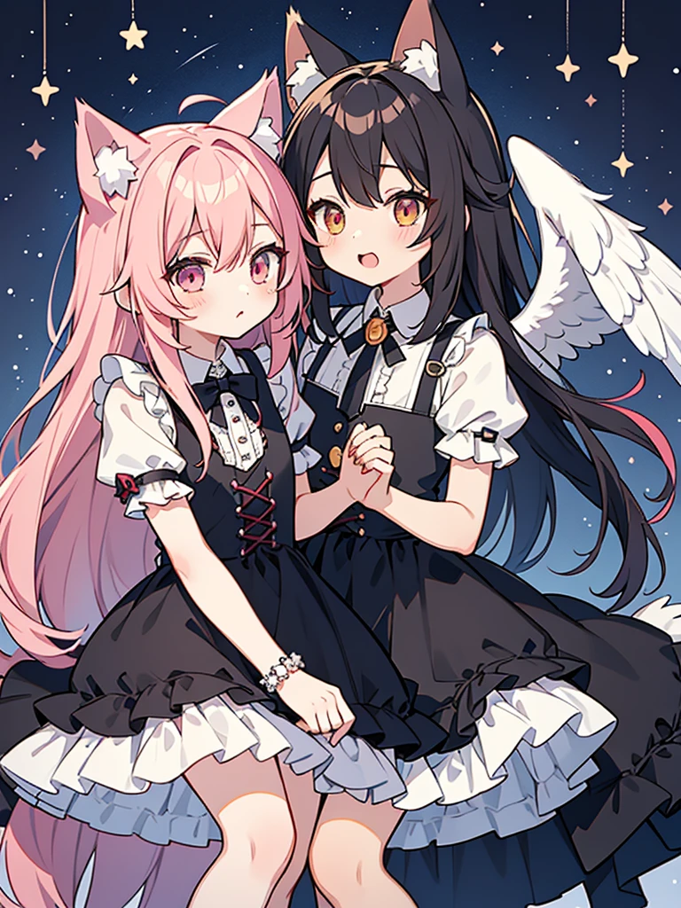 anime style,2people looks like 2girls,
1of2=cute shota with cat ears angel, long pink hair, angel ring, angel wings, white frilly dress,
 /// 
2of2=cute shota with wolf ears fenrir, looks like a girl, long black hair, wolf tail, black frilly dress, gothic skirt,