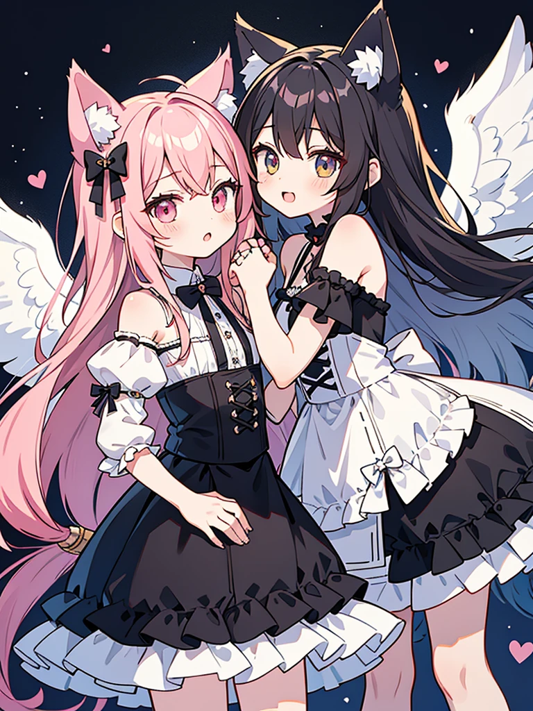 anime style,2people looks like 2girls,
1of2=cute shota with cat ears angel, long pink hair, angel ring, angel wings, white frilly dress,
///
2of2=cute shota with wolf ears fenrir, looks like a girl, long black hair, wolf tail, black frilly dress, gothic skirt,