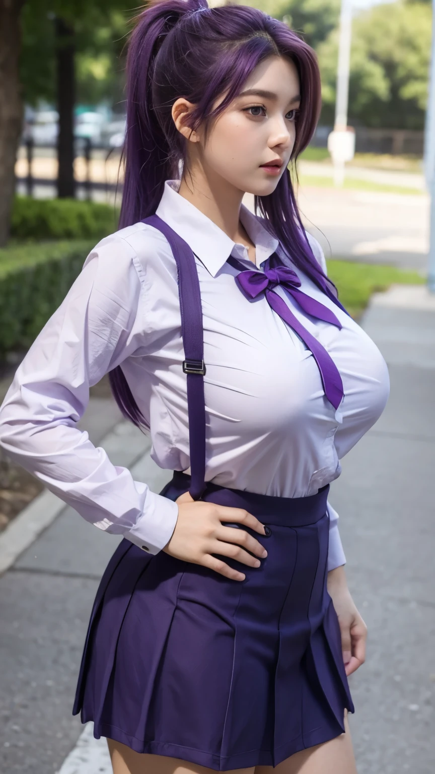 1girl,huge breast, purple hair, ponytail ,stand ,school clothes , high quality