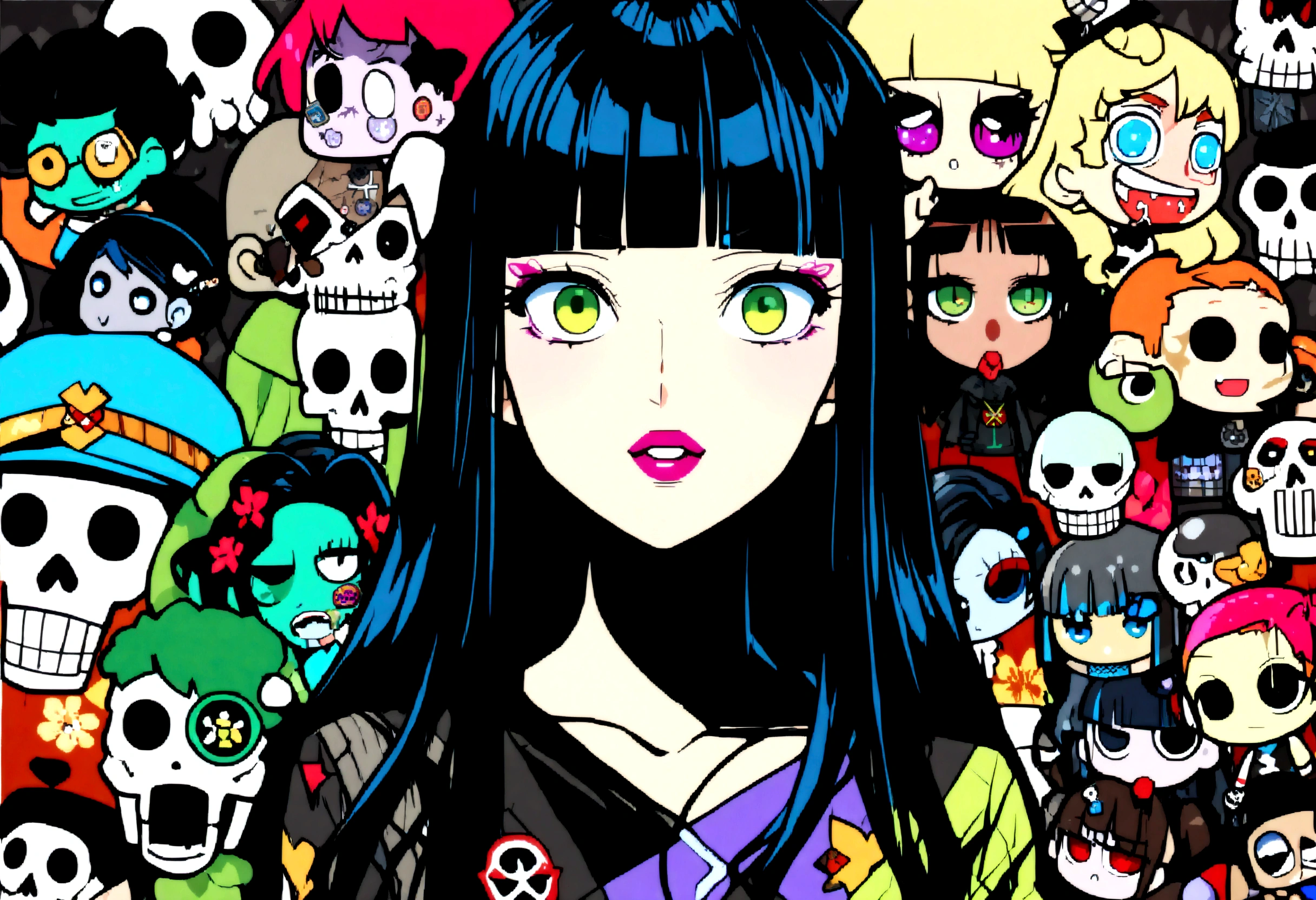 Black Hair、Black Feather、Gothic Punk、Bed、Lie、,anime zombie witch design, crossbones, skulls, street wear design, pro vector, Horror style, full design, 6 colors only, solid colors, no shadows, full design, sticker, bright colors, white background.super fine illustration,(((beautiful fine hair))),(((beautiful fine face))),(((beautiful fine background))),(((beautiful fine hair))),(((beautiful fine face))),(((beautiful fine background))),Midsummer、beachBlack Hair、blunt bangs、Cross-eyed