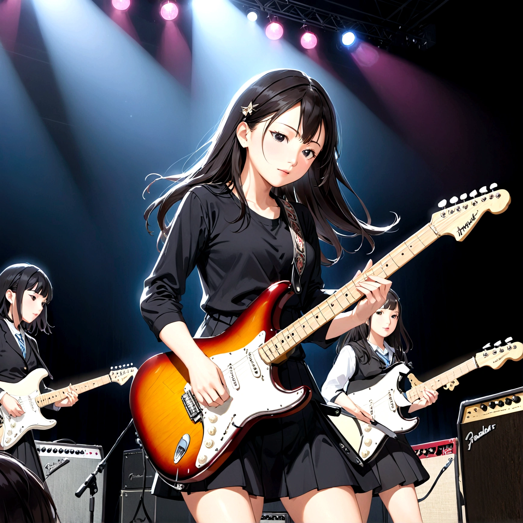 6 strings、There are six pegs、high school girl、Electric guitar、Fender Stratocaster、Live music